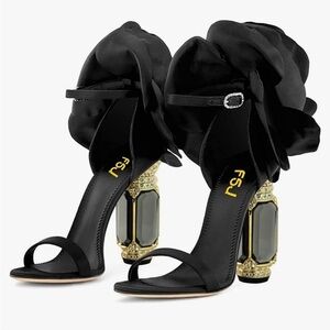 FSJ Black Flower Open Toe Sandal Ankle Strap Chunky High Crystal Prom Shoes